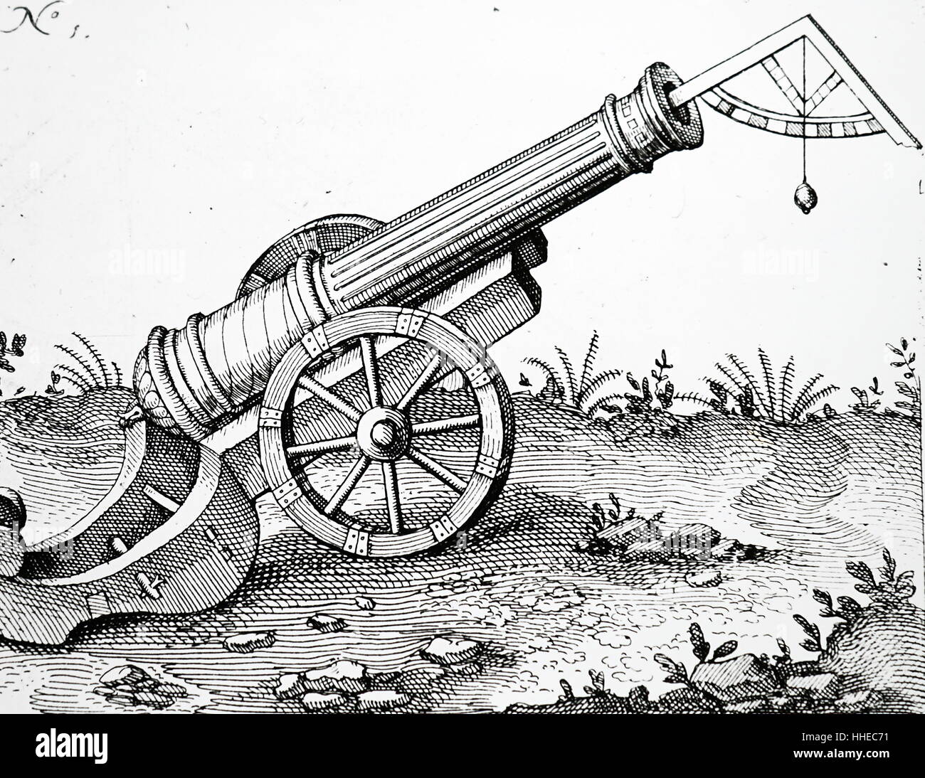 Cañón de cuadrante (clinómetro) está ajustado a una elevación de 45° para disparos de largo alcance. Prom Robert Fludd Utriusque cosmi ... historia, Oppenheim, 1617-19. Foto de stock