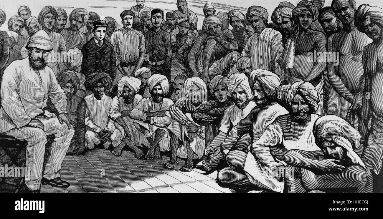 Los inmigrantes procedentes de Calcuta llegan en la Guayana Británica para complementar la fuerza de trabajo que había quedado agotada debido a la abolición de la esclavitud. 1884 Foto de stock