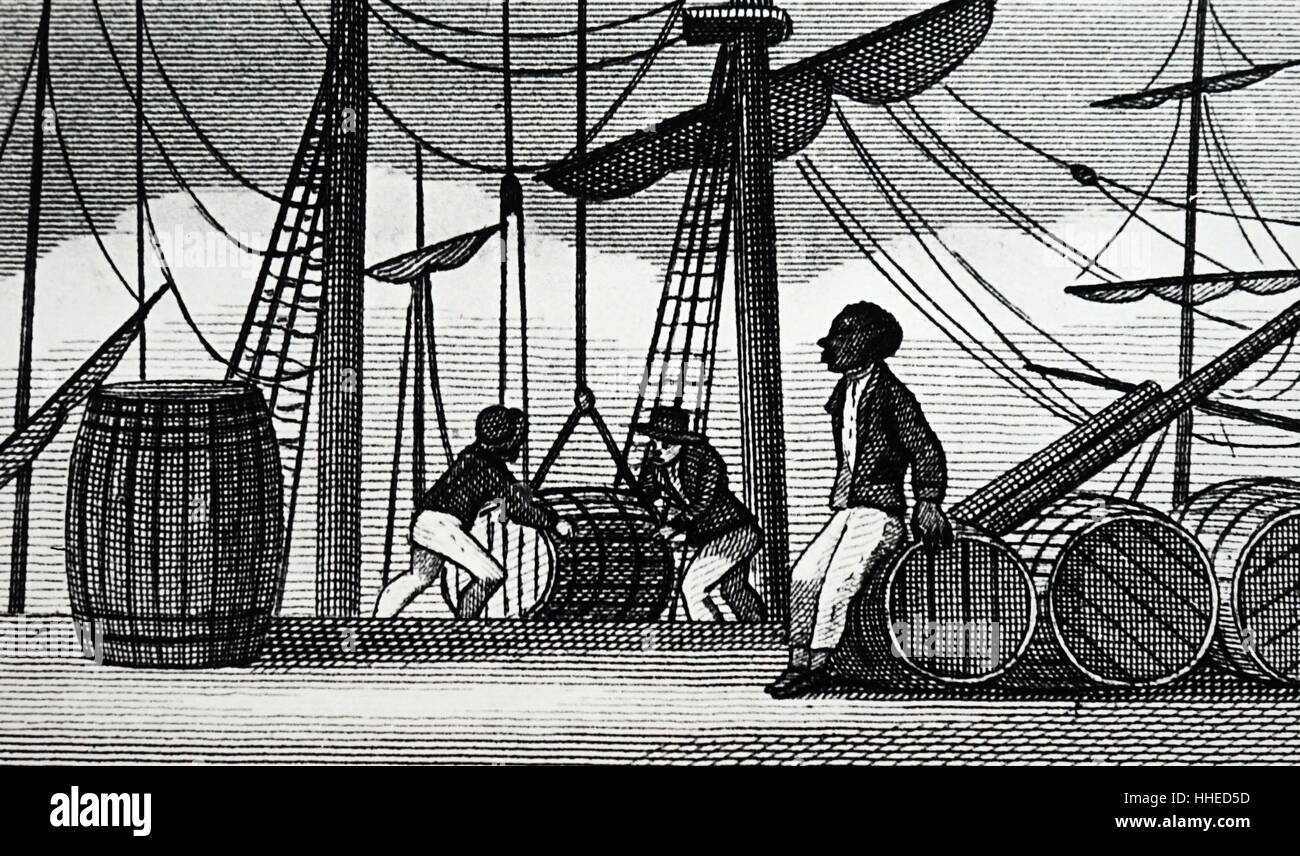 El comercio de esclavos: Descarga el azúcar de las Indias Occidentales en los muelles de Bristol, Suroeste de Inglaterra. 1823. Foto de stock