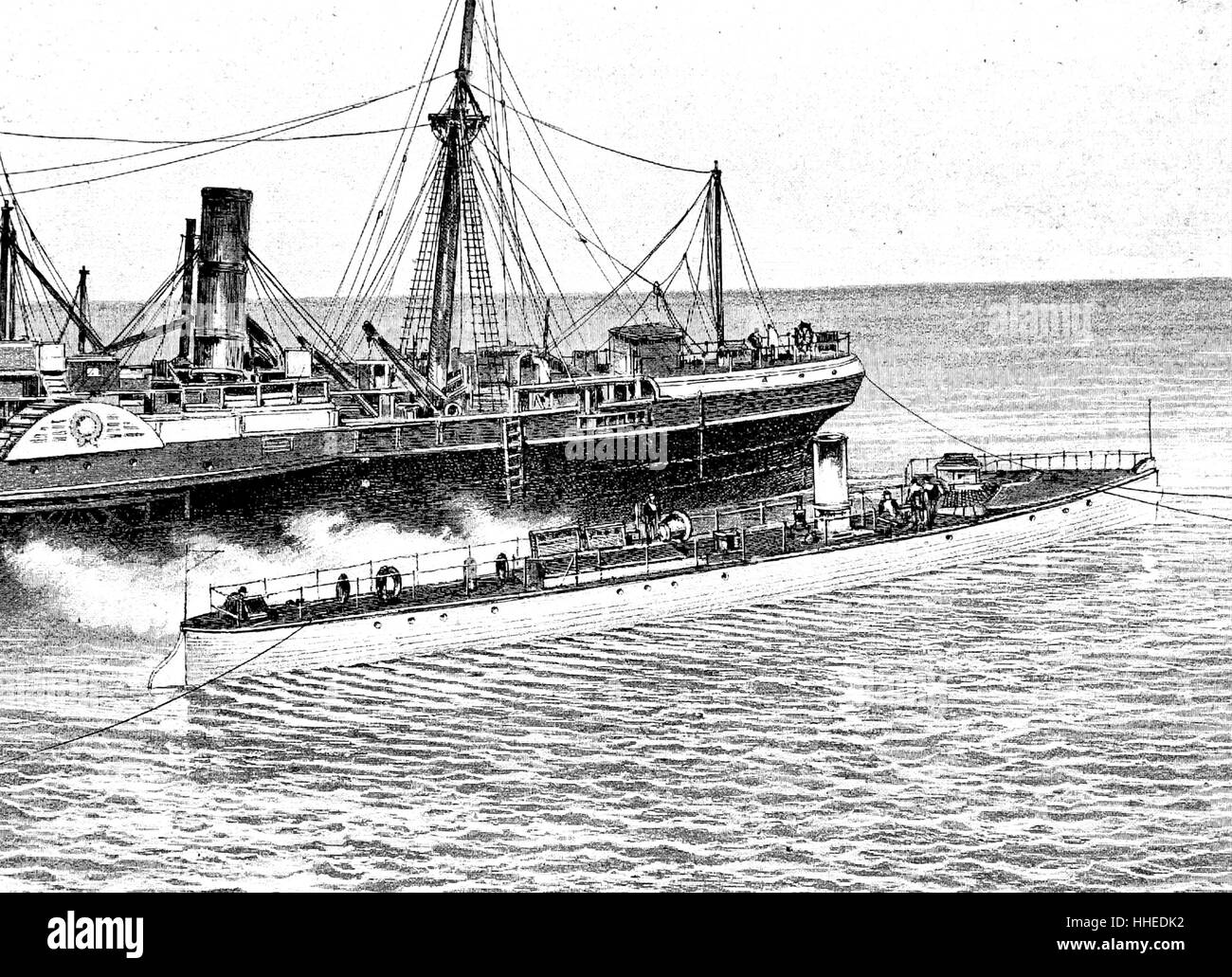 Una lancha de la marina francesa dibuja junto a un gran barco de vapor. Fecha del siglo XIX Foto de stock