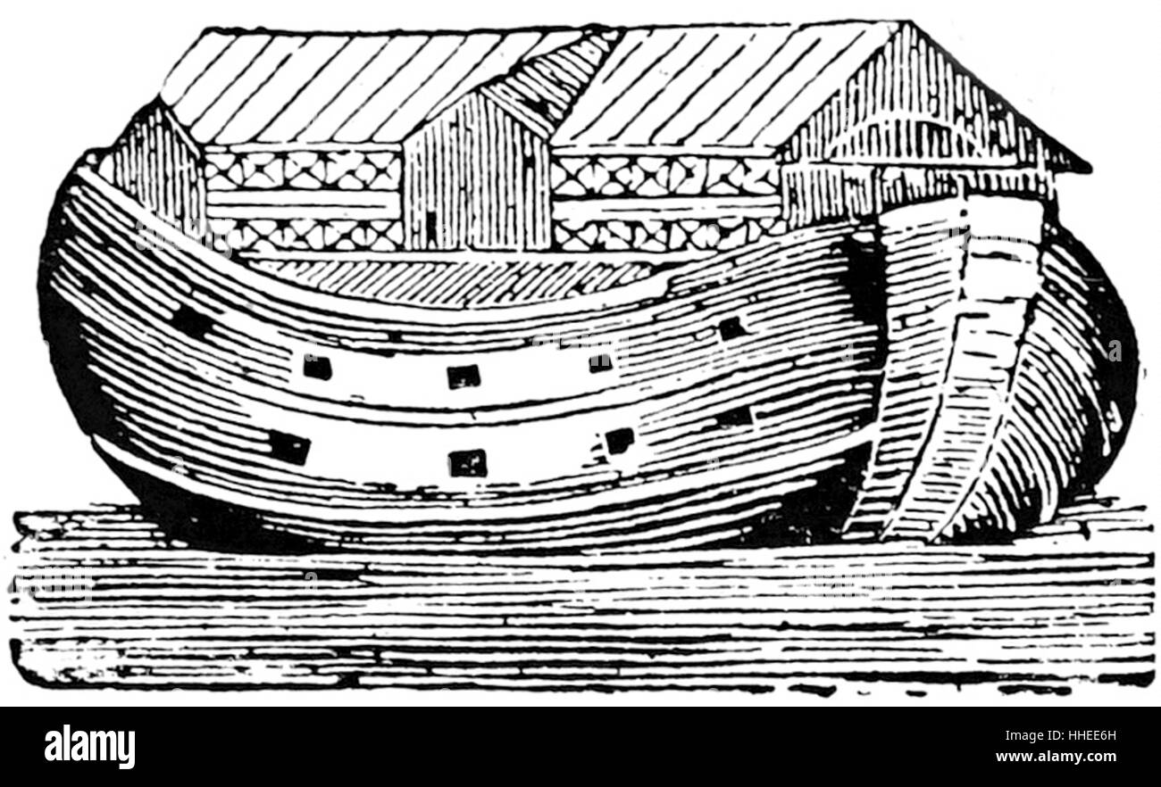 Grabado en madera del arca de Noé en un libro para niños. Fecha del siglo XVIII Foto de stock