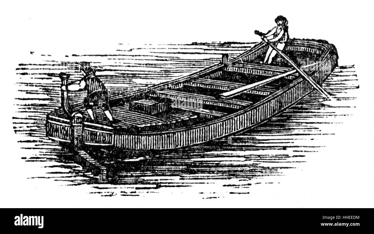 Grabado representando un encendedor, un tipo de barcazas de fondo plano