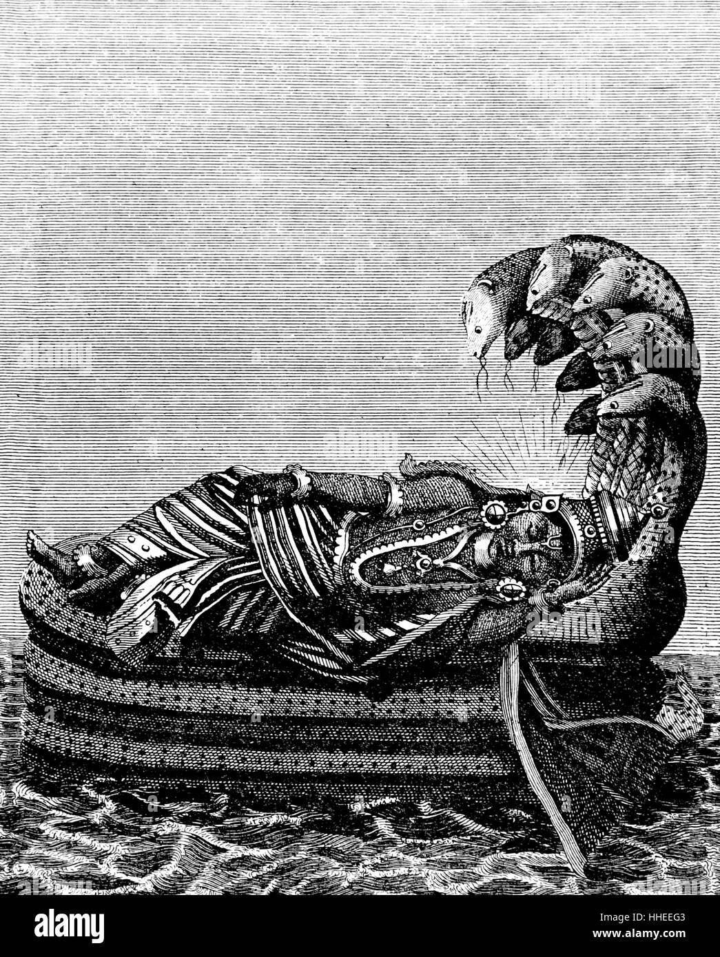 Grabado representando Vishnu durmiendo sobre las bobinas de la serpiente del tiempo cósmico. Fecha del siglo XVIII Foto de stock