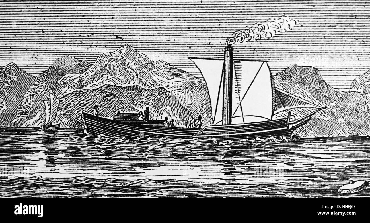 Ilustración de Henry Bell's Steamboat mostrando el motor y