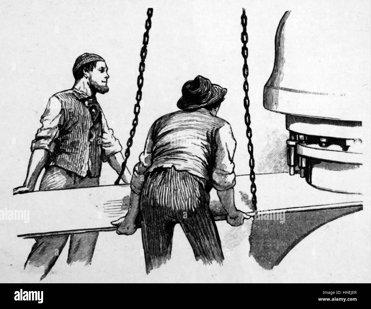 La ilustración representa el uso de un punzón hidráulico para realizar  orificios de remache. Fecha del siglo XIX Fotografía de stock - Alamy