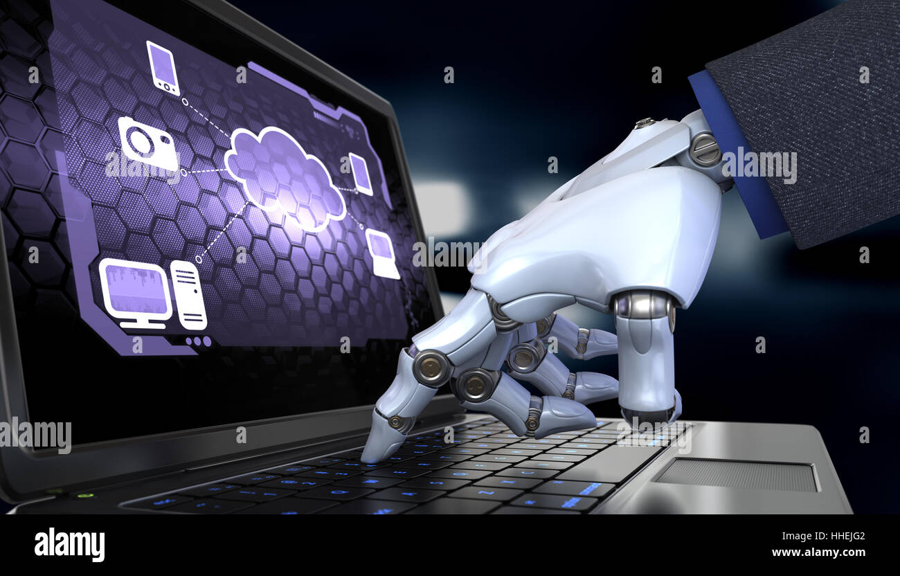 La mano del robot trabaja con un diagrama de Cloud Computing en la pantalla del ordenador portátil. Ilustración 3D Foto de stock
