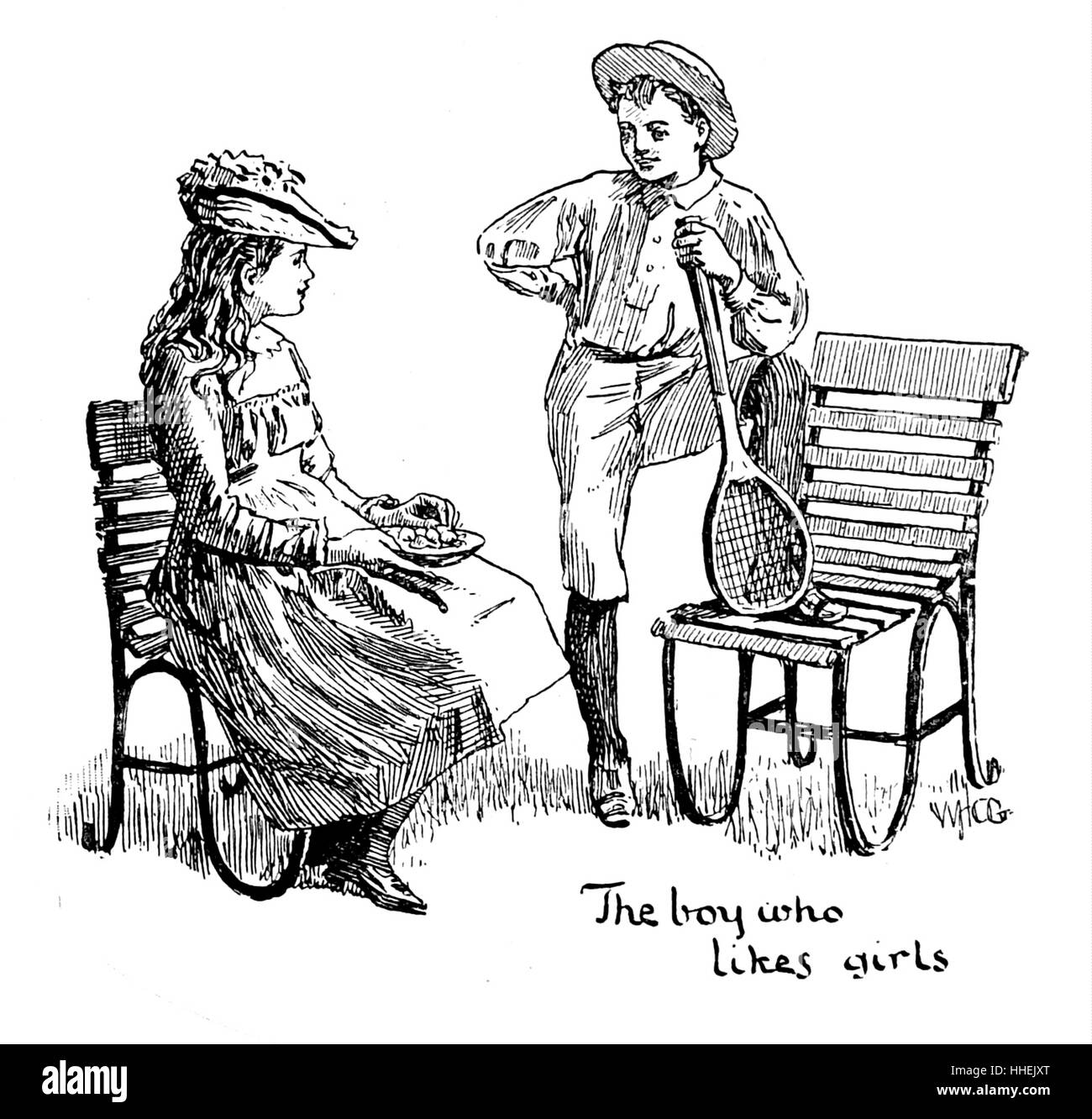 Ilustración titulada "El Niño que le gustan las chicas' que retrata a un joven coquetear con una señorita. Fecha del siglo XIX Foto de stock