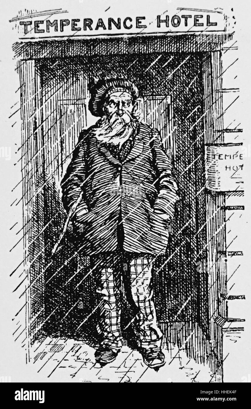 Caricatura de un asqueroso hombre esperando fuera de un hotel durante la templanza la templanza de movimiento en el Reino Unido. Fecha Siglo XX Foto de stock