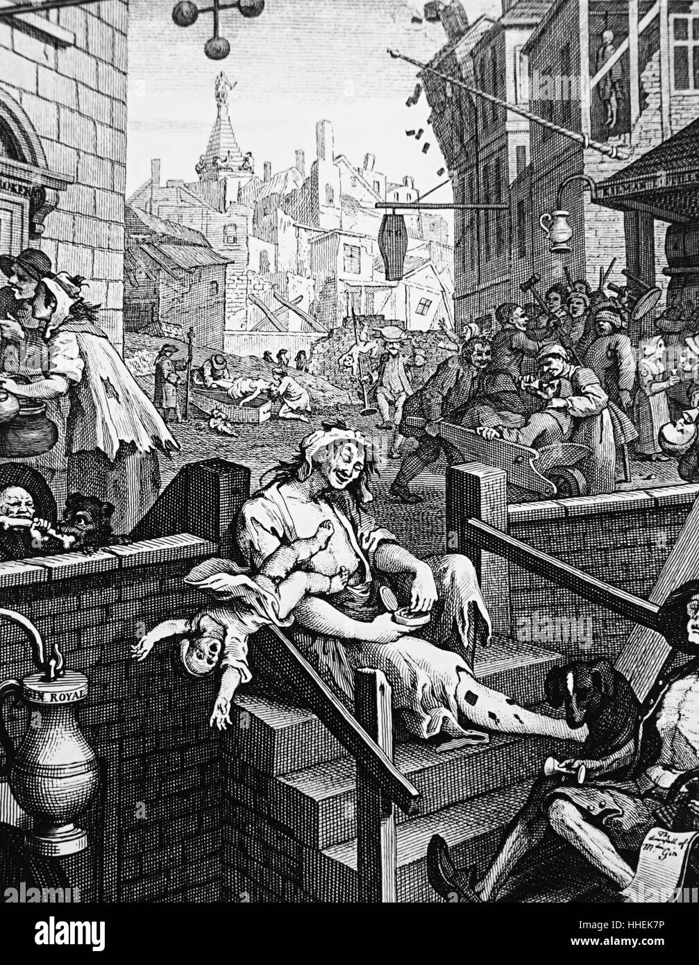 Grabado titulado "Gin Lane" por William Hogarth (1697-1764) que representa los males del desenfrenado consumo de bebidas espirituosas. Fecha del siglo XVIII Foto de stock