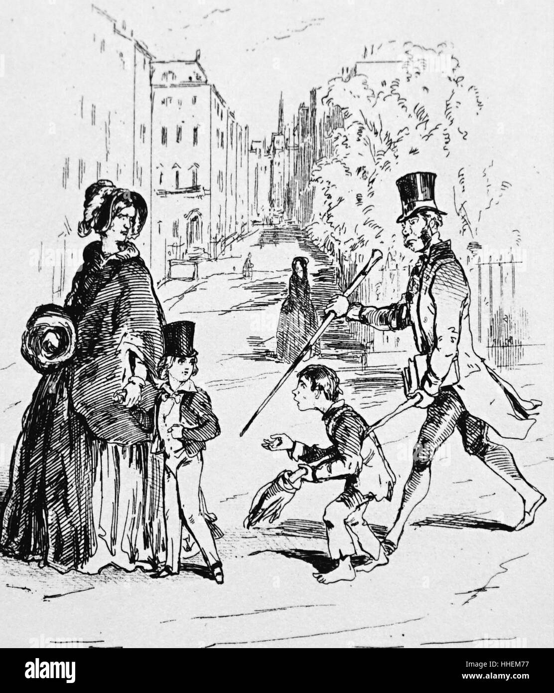 Ilustración titulada "Los ricos y los pobres en una plaza de Londres un domingo por la mañana" por William Makepeace Thackeray (1811-1863), novelista inglés . Fecha del siglo XIX Foto de stock