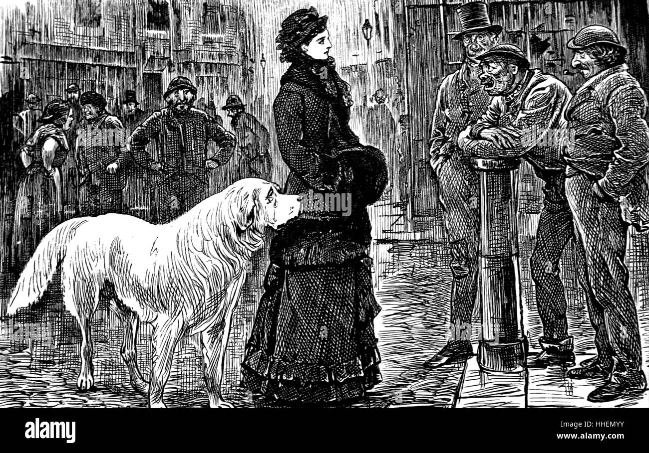 Ilustración de una señorita con su perro, preguntar direcciones a los nativos de Londres, Hyde Park. Fecha del siglo XIX Foto de stock