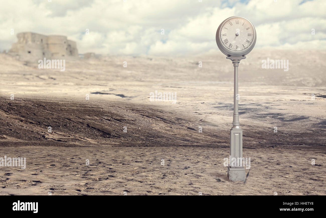 Vintage reloj de calle en un desierto 3D rendering Foto de stock