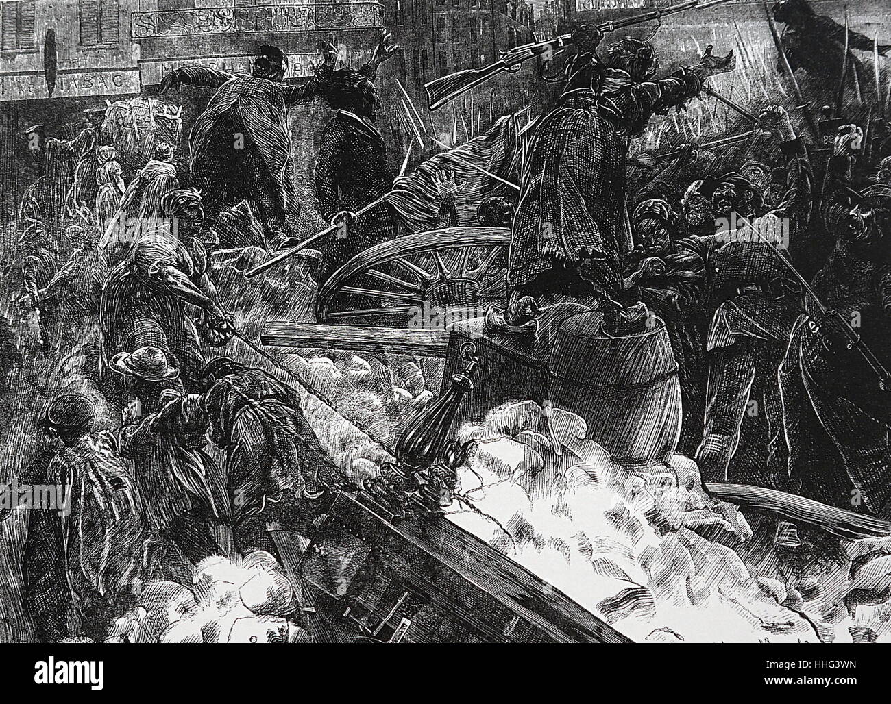 Ilustración mostrando el mob en una barricada de París. Fecha del siglo XIX Foto de stock
