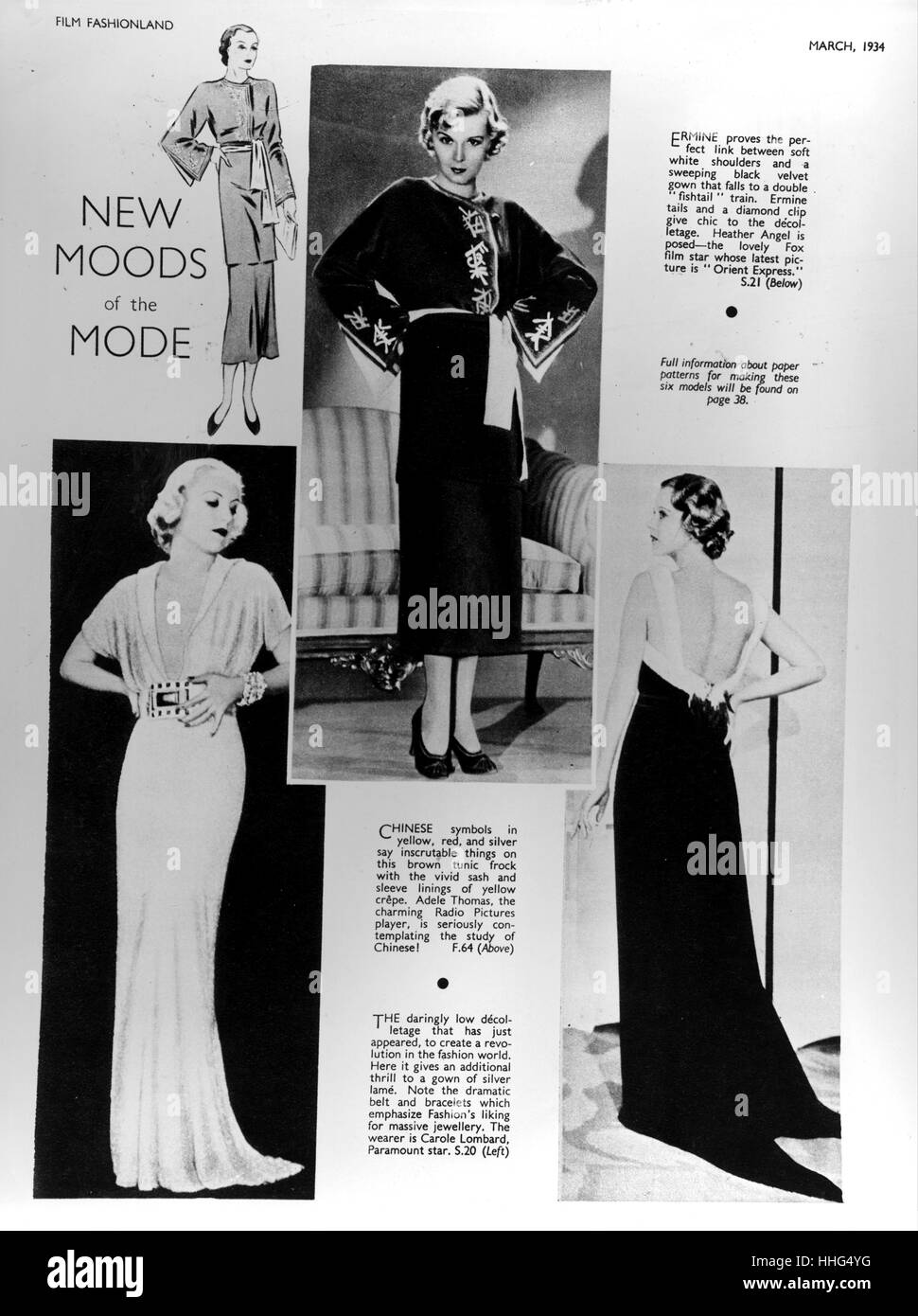 Selección de moda titulado "Nuevas Sensaciones del modo". Con un chino vestido, un vestido de plata y un vestido de terciopelo negro. Fechado en 1934 Foto de stock