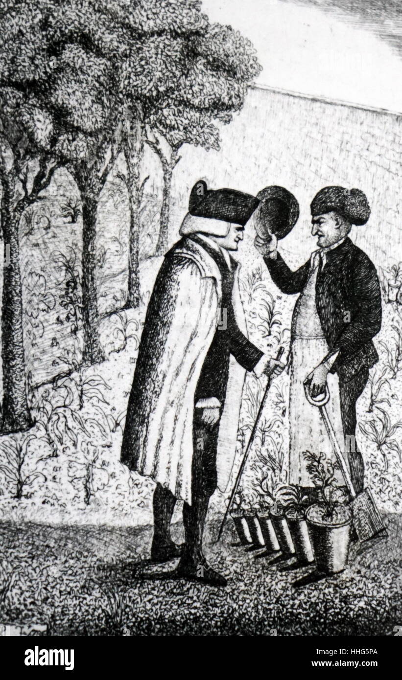 Jardinero plantea respetuosamente su sombrero a un caballero. Ambos hombres vestían pelucas. 1837-8. Foto de stock