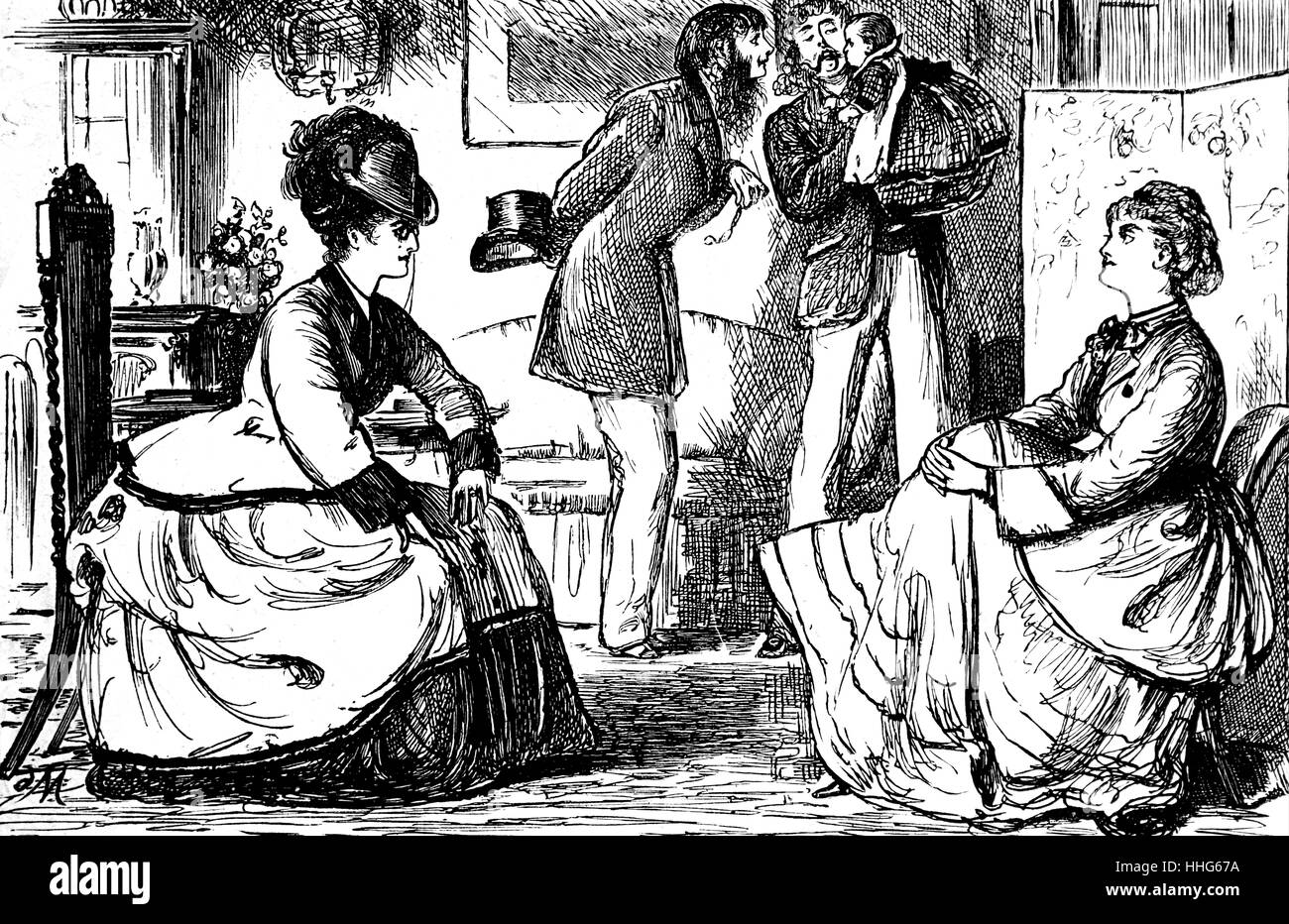 George Du Maurier caricatura de la revista "Punch", mostrando una reunión social de clase superior de parejas inglesas como el hablar de las mujeres y los hombres de cuidar a un bebé. 1871 Foto de stock