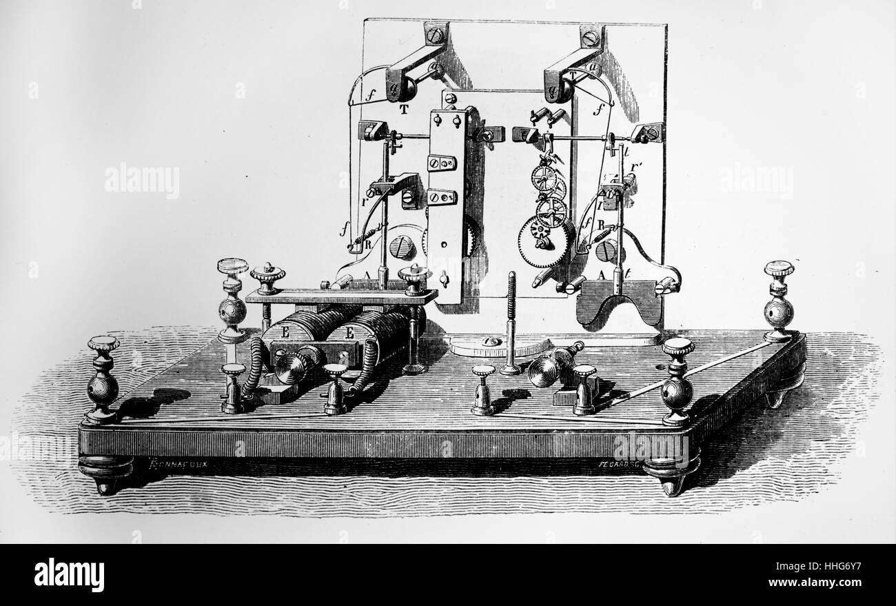 Instrumento receptor de la Foy-Breguet telégrafo eléctrico con la tapa quitada. 1868. Louis François Clément Breguet (22 de diciembre de 1804 - 27 de octubre de 1883); fue un físico francés y relojero; destaca por su labor en los primeros días de la telegrafía. Foto de stock