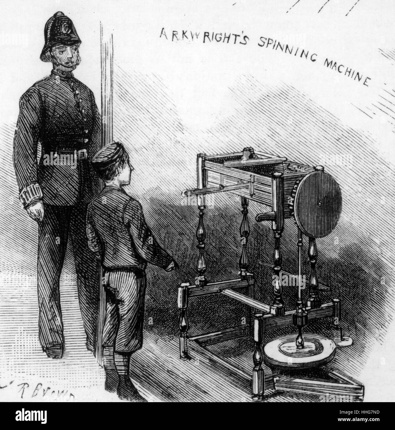 Ilustración mostrando Arkwright's agua máquina giratoria del bastidor; en exhibición en el Museo de Patentes; South Kensington, Londres. Fecha del siglo XIX Foto de stock