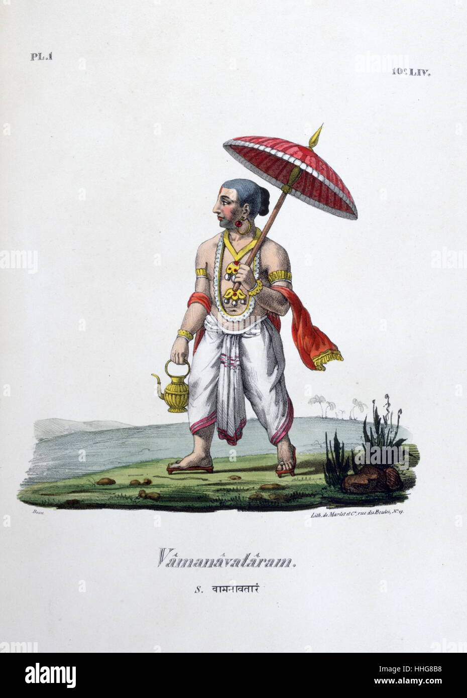 Mito hindú de Vamanavataram Dasavataram o en la forma de un enano. Señor Vishnu como aparecía como Vamanavataram y comenzó a crecer a una gran altura y con un paso cubrió toda la tierra, con su segunda etapa cubrió todo el cielo y la región de arriba. ;Francés; litografía; India; por Marlet 1829 Foto de stock