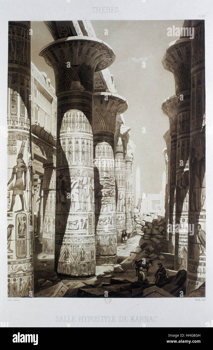 Hypostyle columnas en Karnak, Egipto 1841. Por el arquitecto francés, Héctor Horeau; 1801 - 1872. Foto de stock
