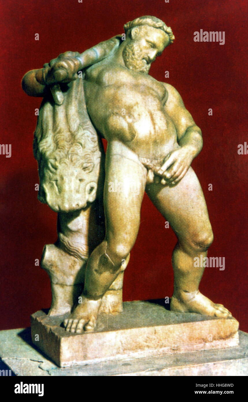 Estatua de mármol de un Hércules borracho (foto de la izquierda), el semi-dios. (Siglo I d.C., hallado en la Casa de los Ciervos, calle Cardo IV, Pompeya. La casa parcialmente sobrevivieron a la erupción del Vesubio en el año 79 D.C. Foto de stock