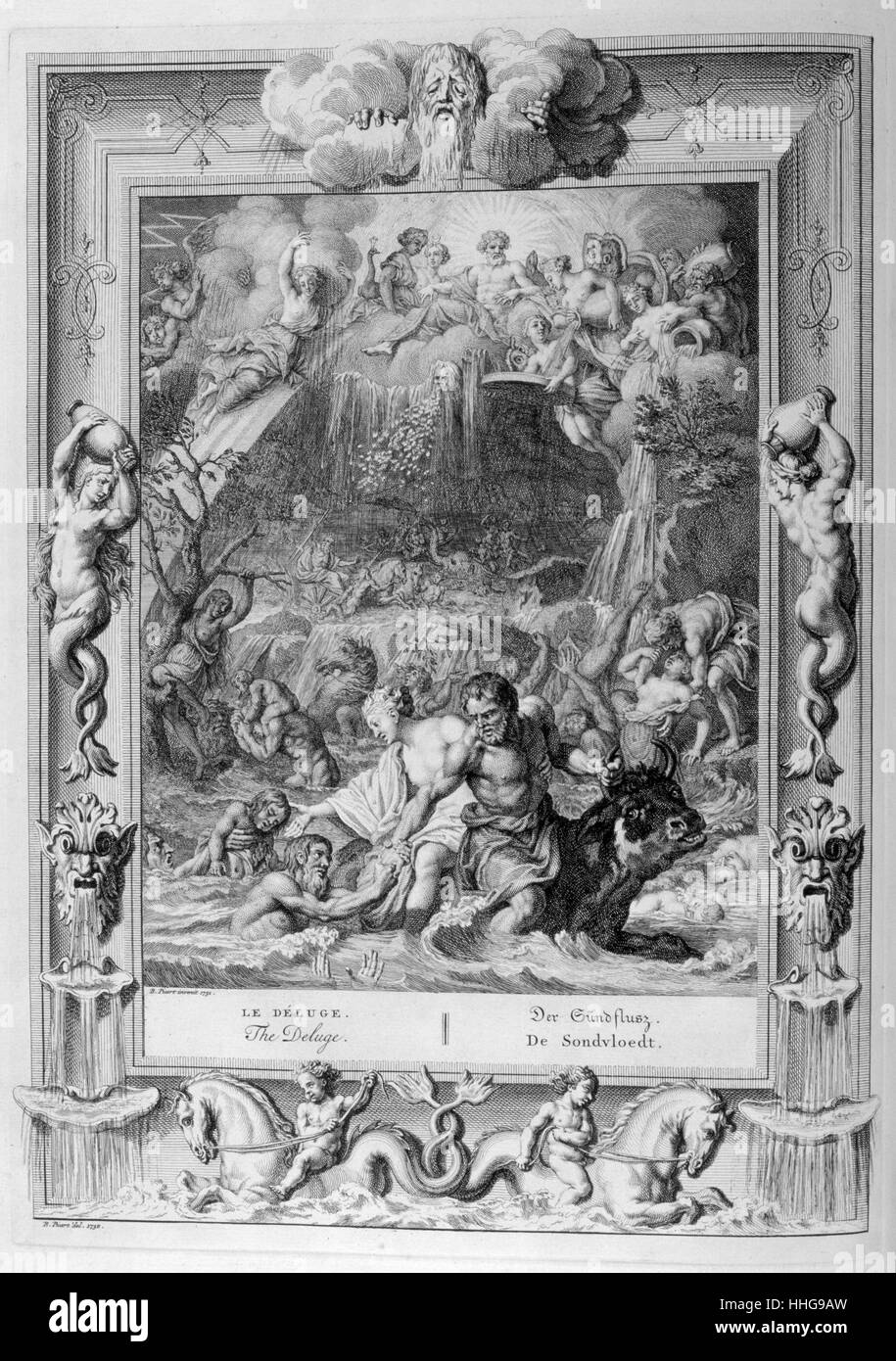 El Diluvio. Ilustración grabada desde 'El Templo de las musas", 1733. Este libro representa los notables acontecimientos de la antigüedad dibujado y grabado por Bernard Picart (1673-1733). La mitología griega, inundaciones mito. Foto de stock