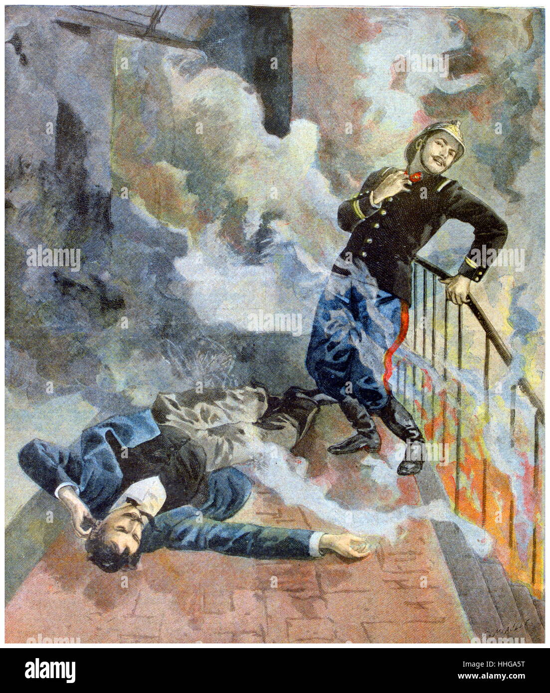 Ilustración mostrando francés bombero civil y superar por los humos durante un incendio. 1899 Foto de stock