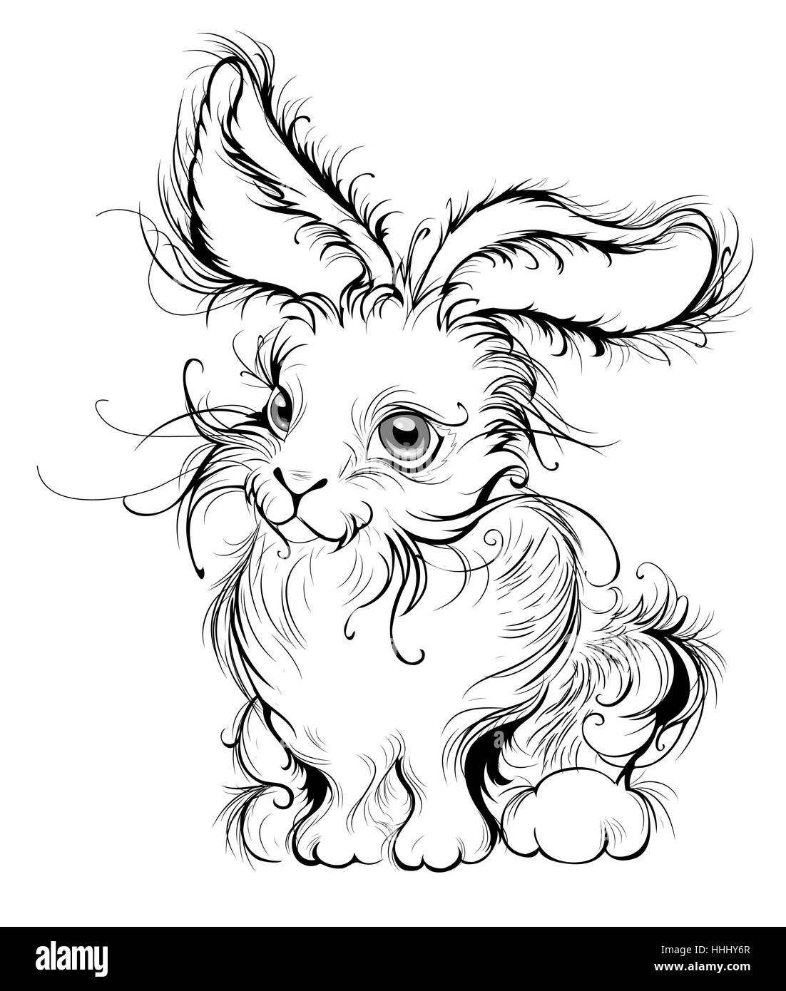 Artísticamente pintadas en negro liso líneas estilizadas, fluffy bunny con grandes orejas, un fondo blanco. Ilustración del Vector