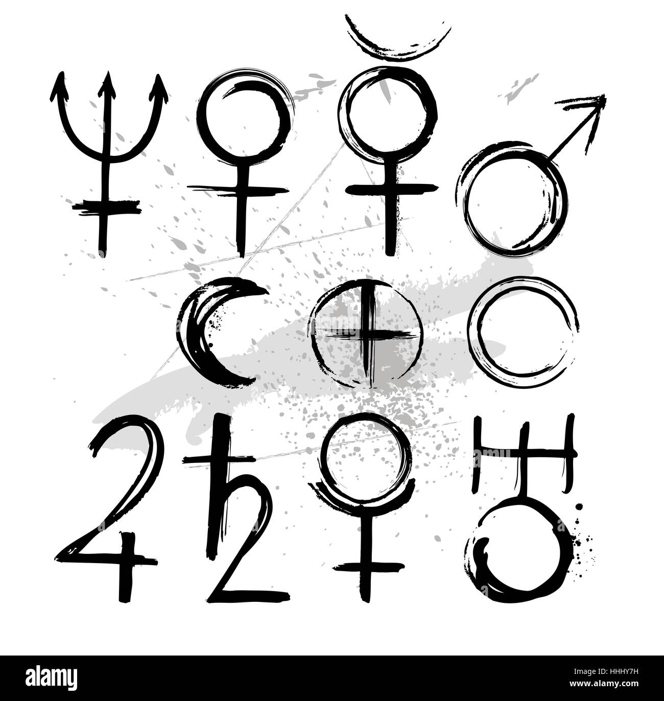 Los símbolos de los planetas del sistema solar: Mercurio, Venus, la tierra, la Luna, Marte, Saturno, Júpiter, uranio, Neptuno Plutón Ilustración del Vector