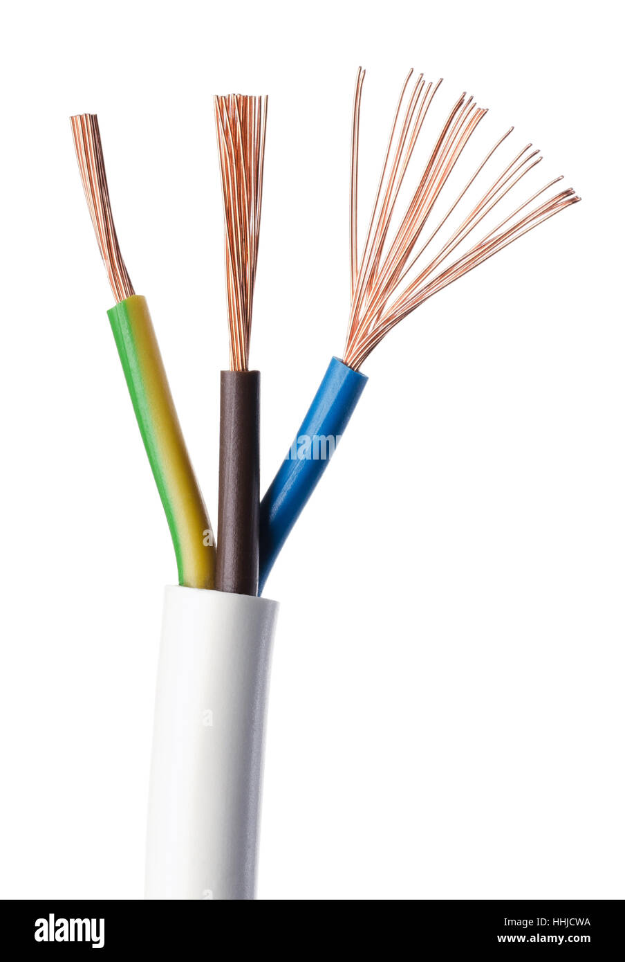 Cable de alimentación eléctrica estándar IEC sobre fondo blanco. Sección transversal. Chaqueta de cable, cable de aislamiento. Foto de stock