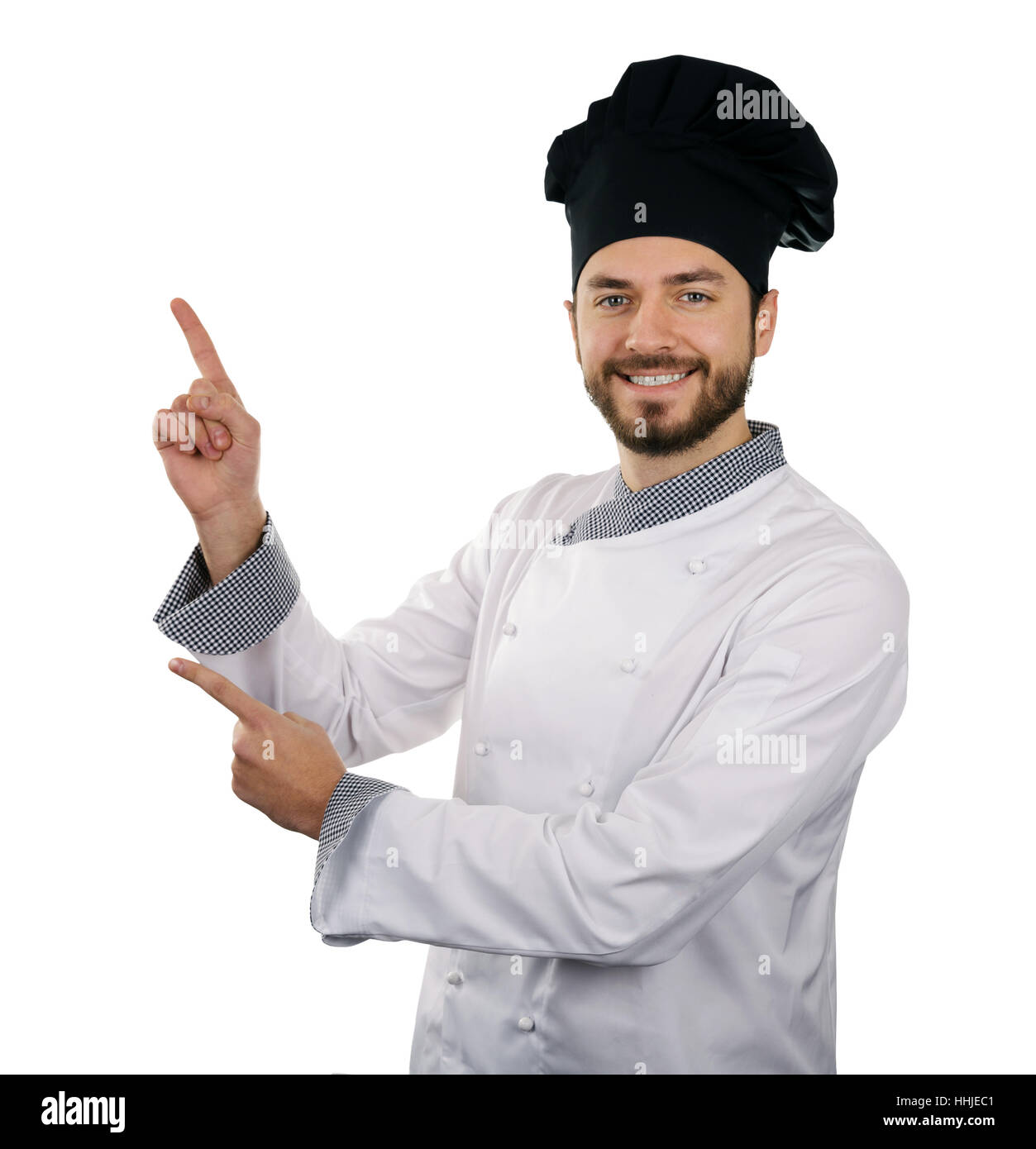 Chef hombre mostrando o presentar algo aislado en blanco Foto de stock