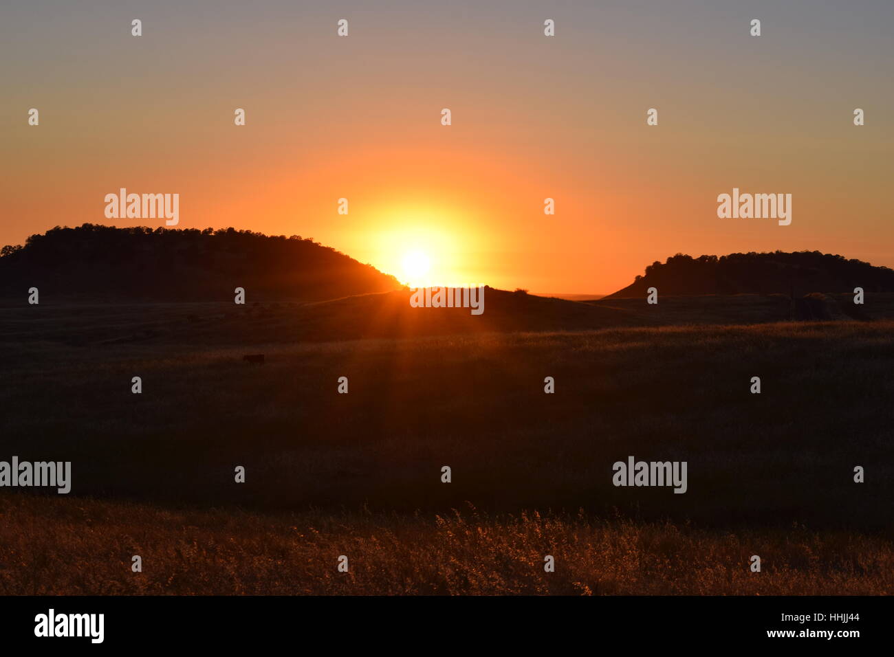 El sol se hunde detrás de las colinas al atardecer en el centro de California Foto de stock
