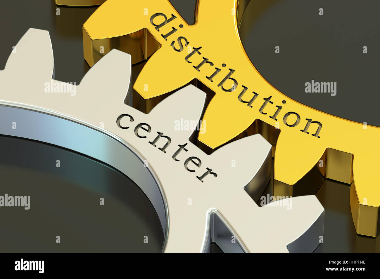 Concepto de centro de distribución en los engranajes, 3D rendering Foto de stock