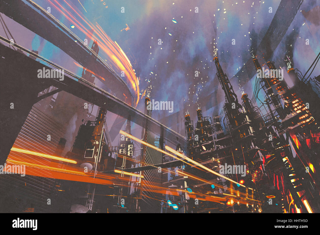 Sci-fi paisaje de ciudad futurista con edificios industriales,ilustración pintura Foto de stock