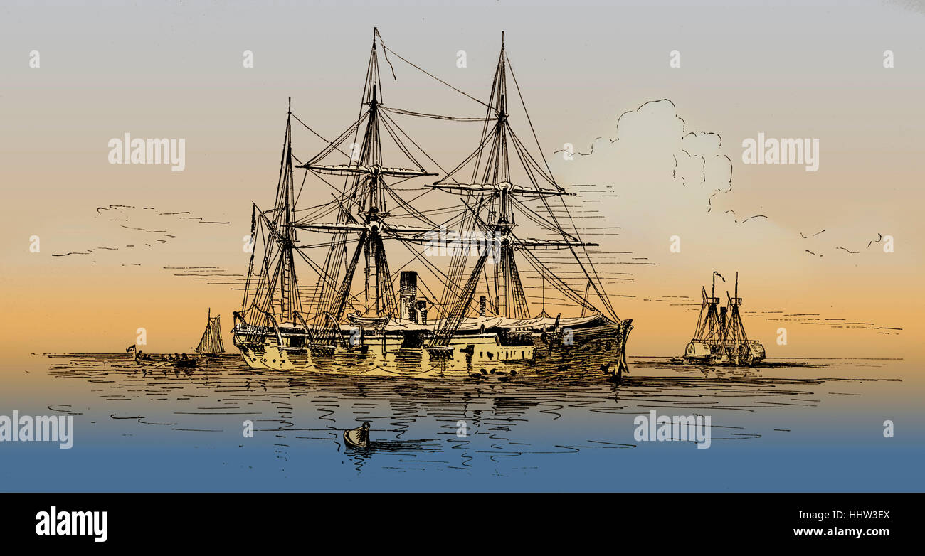 USS Monongahela tras la batalla de Mobile Bay, desde un boceto realizado después de la batalla. La Guerra Civil Americana. USS Monongahela fue un Foto de stock