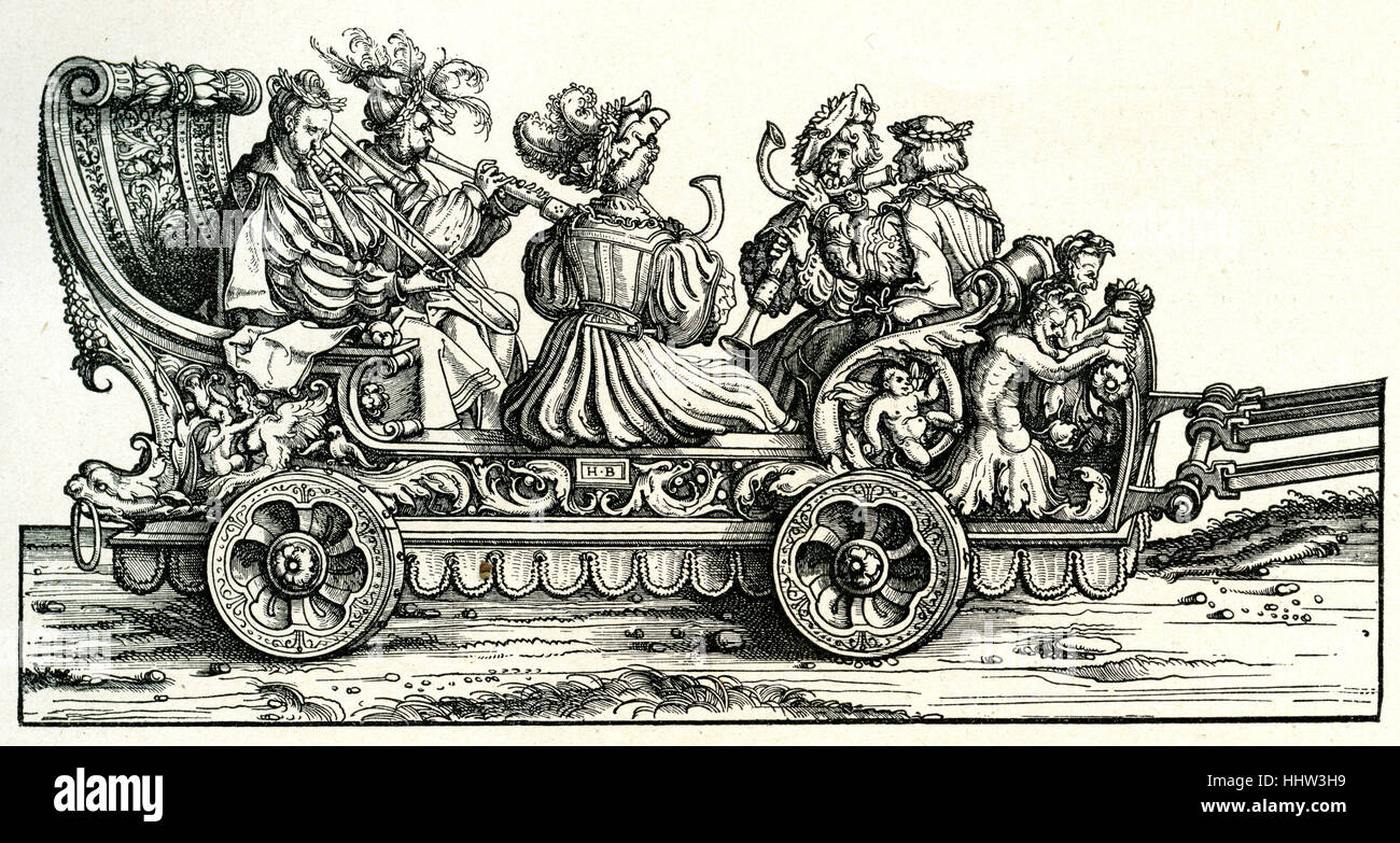 Desfile carro con los trompetistas y bocina jugadores, desfile triunfal de Maximiliano I, emperador del Sacro Imperio Romano Germánico (22 de marzo de 1459 - 12 Foto de stock
