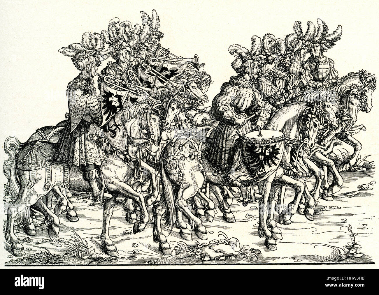 Los trompetistas y percusionistas a caballo, desfile triunfal de Maximiliano I, emperador del Sacro Imperio Romano Germánico (22 de marzo de 1459 - 12 de enero de Foto de stock