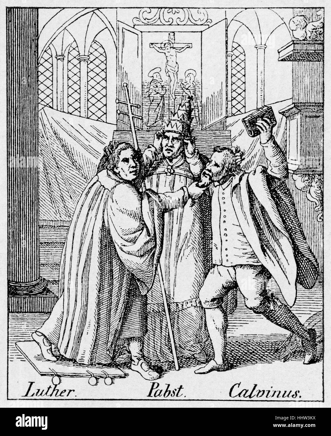 La reforma era una caricatura, representando la lucha entre Martin Lutero,  Calvino y el Papa, con cada tira del pelo de los demás. El título dice:  "Oh, querido maravilla buscar en Cristo,