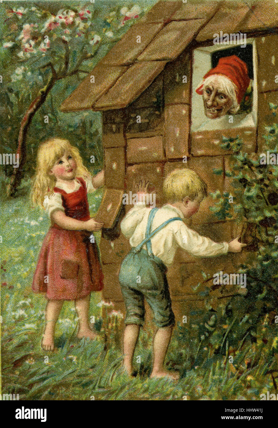 "Hänsel und Gretel" (Hansel y Gretel) - Alemán de cuento de hadas de los hermanos Grimm. Los señuelos de la bruja de Hansel y Gretel en su Foto de stock