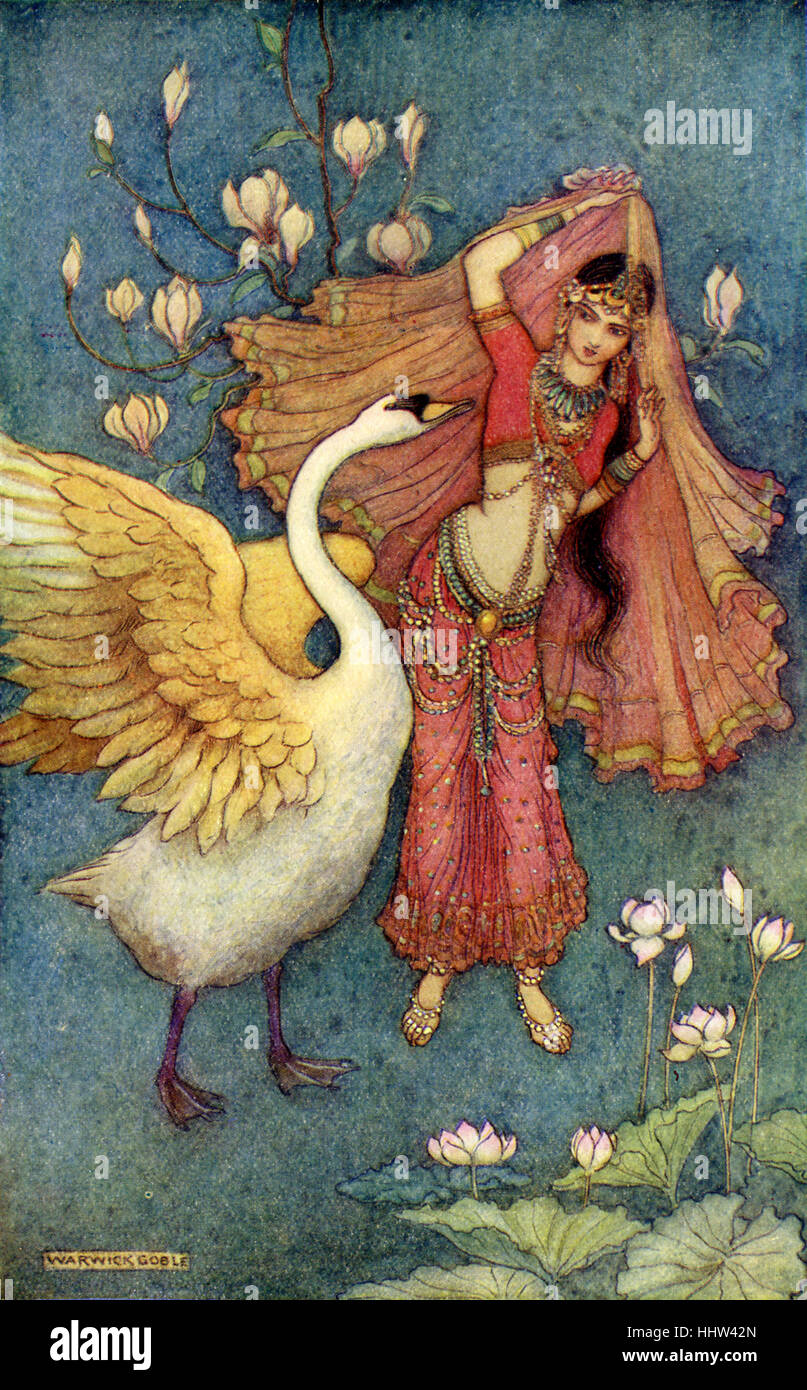 Mito y leyenda india: Damayanti y el cisne. Ilustración después de una pintura por Warwick Goble, ilustrador de Inglés Foto de stock