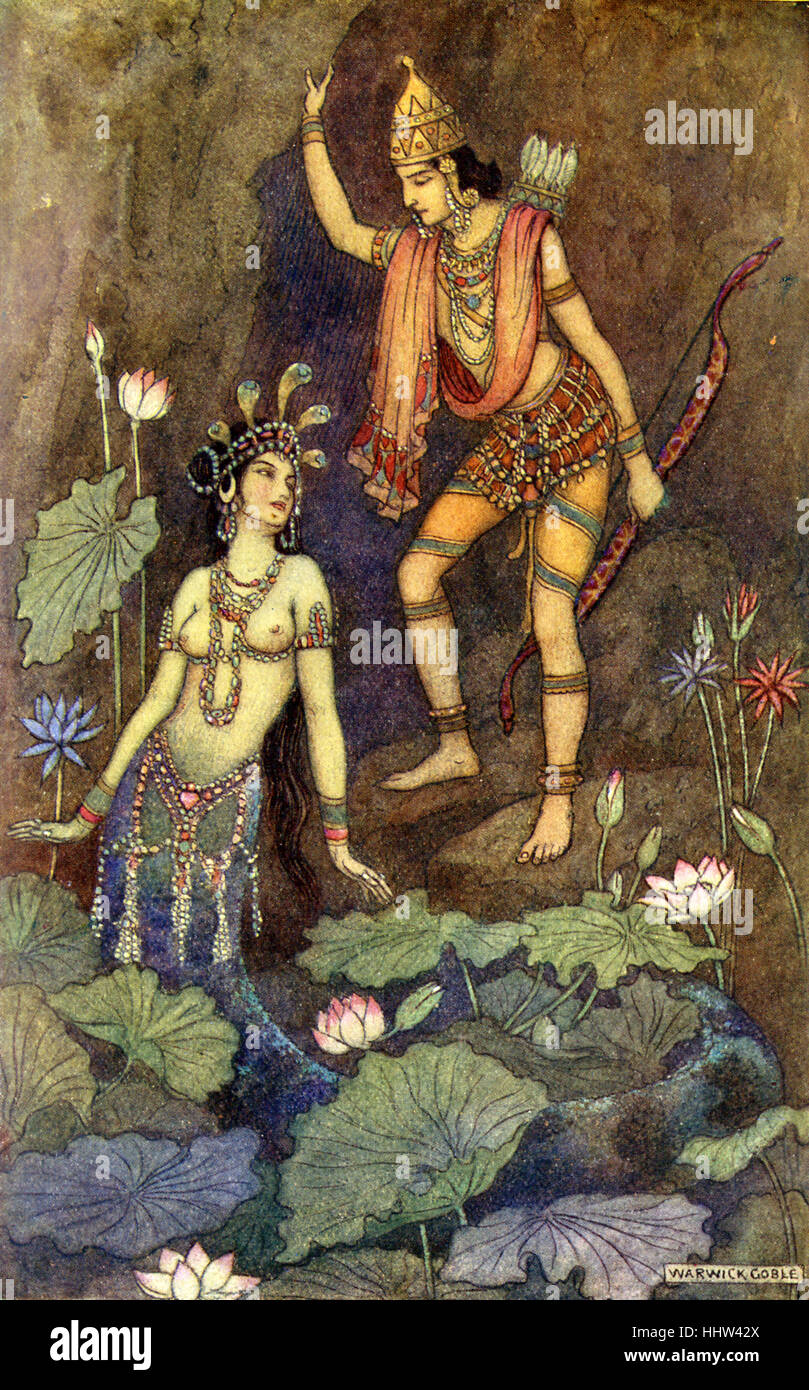 Mito y leyenda india: Arjuna y el río ninfa. Ilustración después de una pintura por Warwick Goble, ilustrador de Inglés Foto de stock