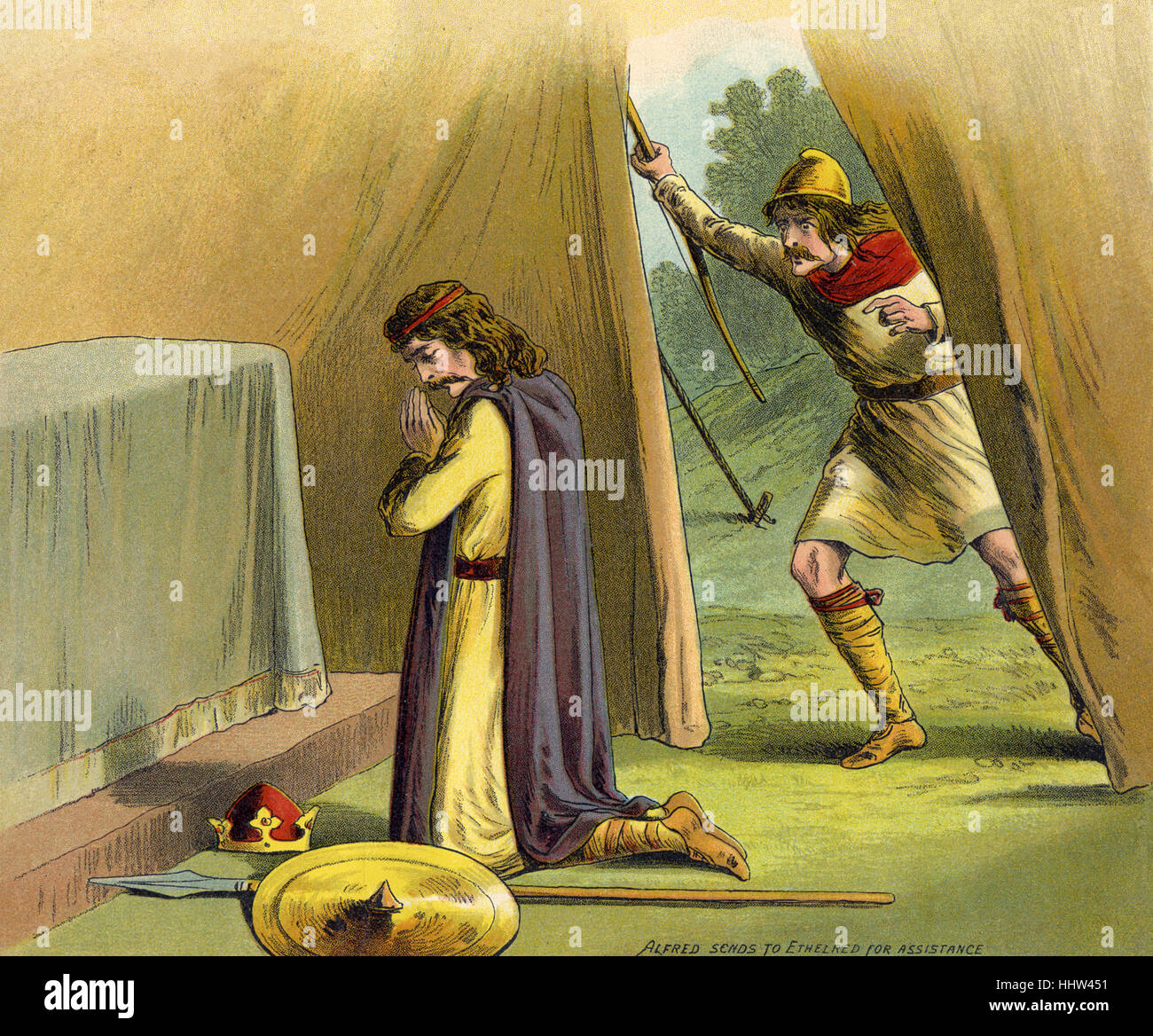 Alfred, rezar ante la gran batalla ( como rey de Wessex defendió su reino contra los intentos de conquista vikinga - Foto de stock