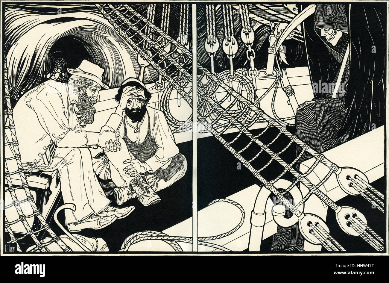 Efraín Moisés Lilien ilustración para Sturm (tormenta). Dos hombres judíos en barco en el mar, el mástil se rompe y se sienta a esperar la muerte Foto de stock