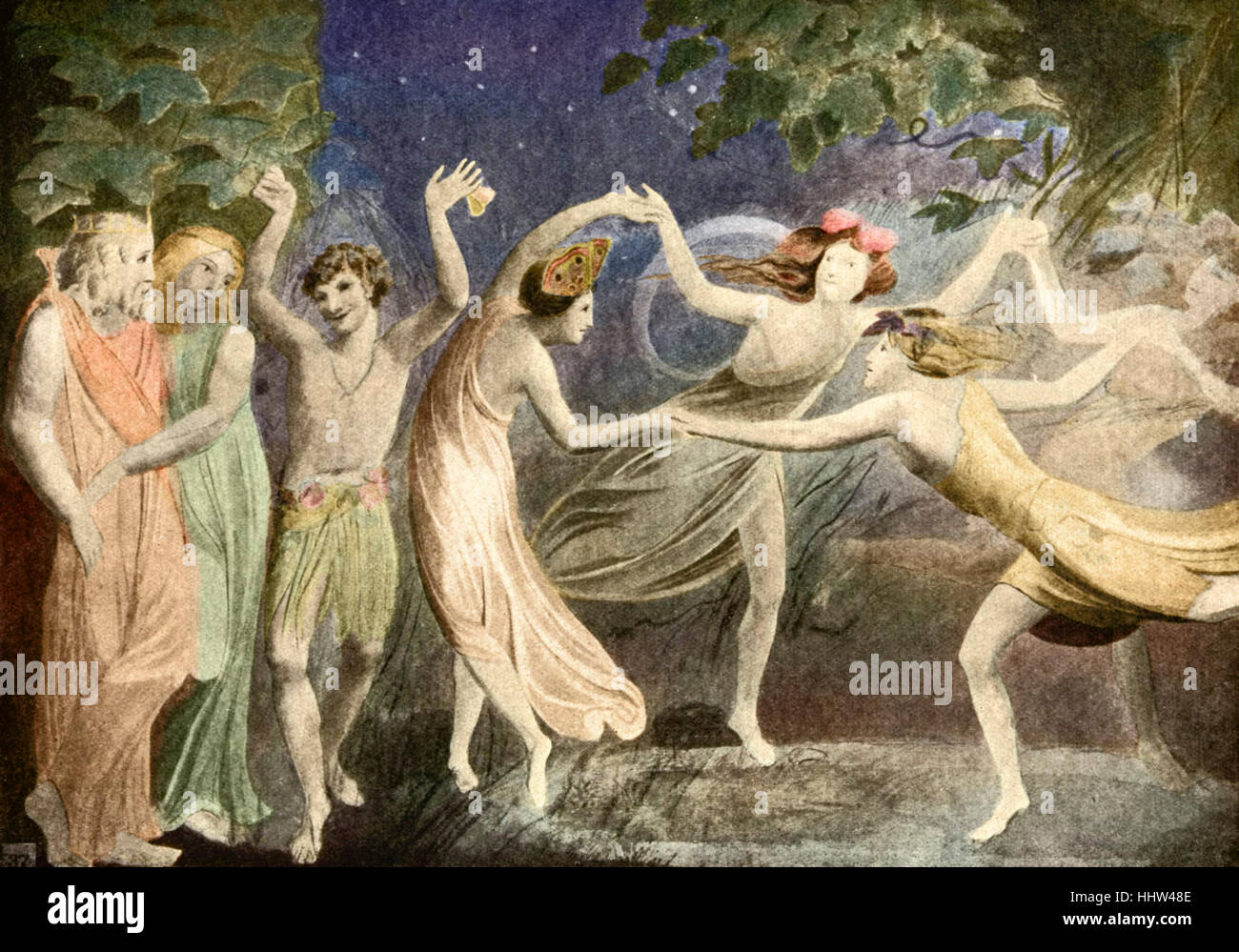 A Midsummer Night's Dream de William Shakespeare, acto IV Escena I - Oberon, Titania y Puck de hadas bailando, ilustración Foto de stock