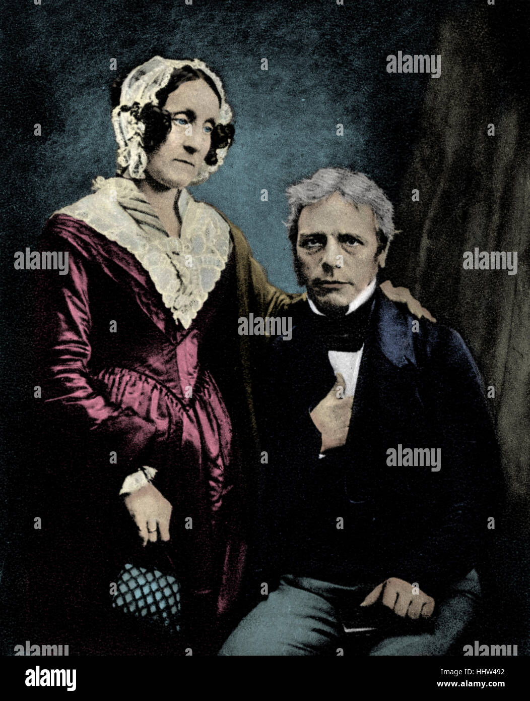 Michael Faraday con su esposa desde un daguerrotipo científico inglés de electricidad. Foto de stock