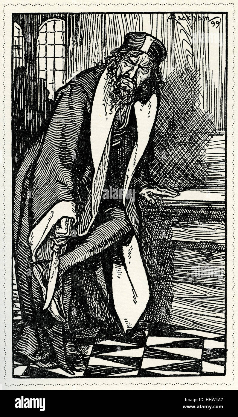 El Mercader de Venecia de William Shakespeare. Ilustración de Arthur Rackham (1867 - 1939) . Shylock fue un largo afilado Foto de stock