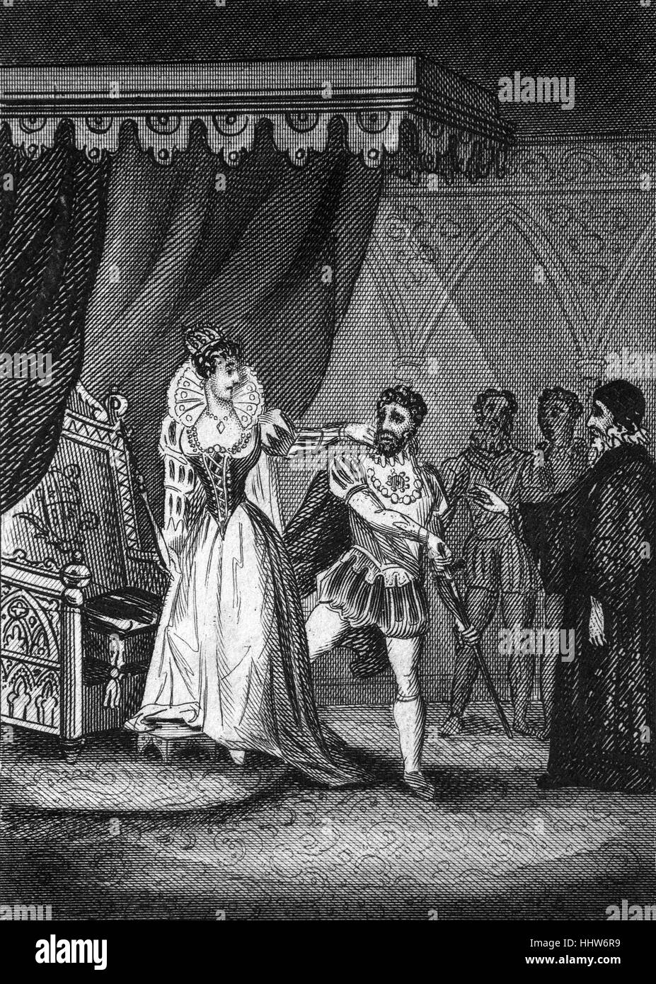 La reina Isabel I (1533 - 1603) sorprendente Robert Devereux, segundo Conde de Esse, noble inglés y una de las favoritas de Isabel I. políticamente ambicioso, y un compromiso general, fue puesto bajo arresto domiciliario tras una mala campaña en Irlanda durante los nueve años de guerra en 1599.partió de Irlanda el 24 de septiembre de 1599, y llegó a Londres cuatro días más tarde, después de que la reina había prohibido expresamente su Foto de stock