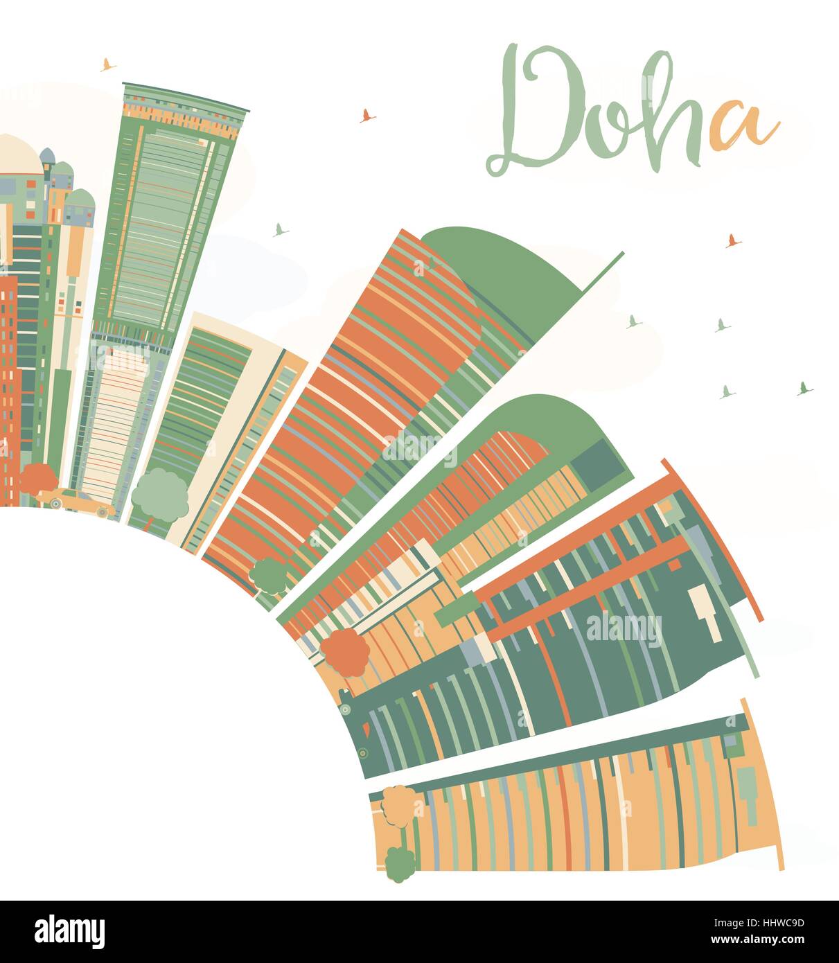 Resumen Skyline de Doha con rascacielos de color y espacio de copia. Ilustración vectorial. Concepto de turismo y de negocios con la arquitectura moderna. Ilustración del Vector