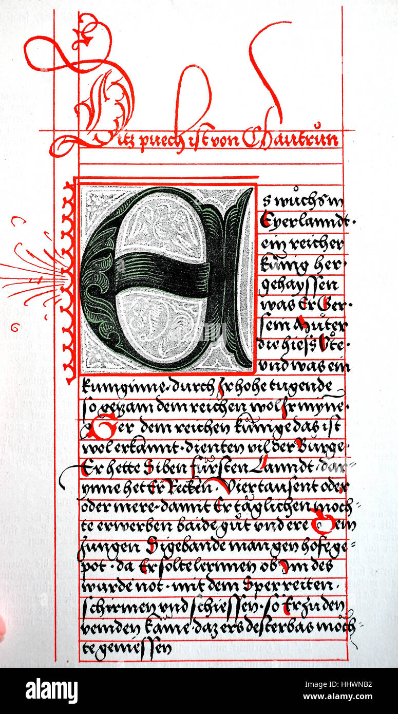 El Gudrunlied, escrito en el siglo XIII, la única transcripción, es en el Heldenbuch Abraser, hecha en el siglo XVI, se encuentra ahora en la escritura de la colección de la Biblioteca Nacional de Viena Austria, imagen histórica o ilustración, publicado 1890, digital mejorado Foto de stock