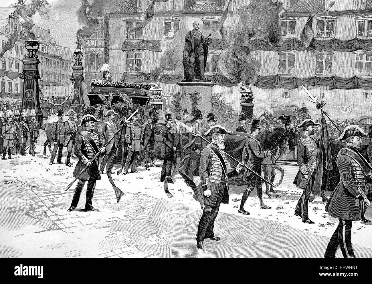 La procesión fúnebre del difunto Duque Ernst II de Saxony-Coburg y Gotha, pasa el mercado en Coburg, agosto de 1893, el dibujo original de E. Thiel, Alemania, imagen histórica o ilustración, publicado 1890, digital mejorado Foto de stock